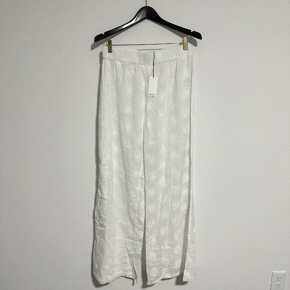 Hermoza Wide Leg Pants White Floral Elastic Waist Size Large Flowy Beach Slit - Picture 1 of 7
